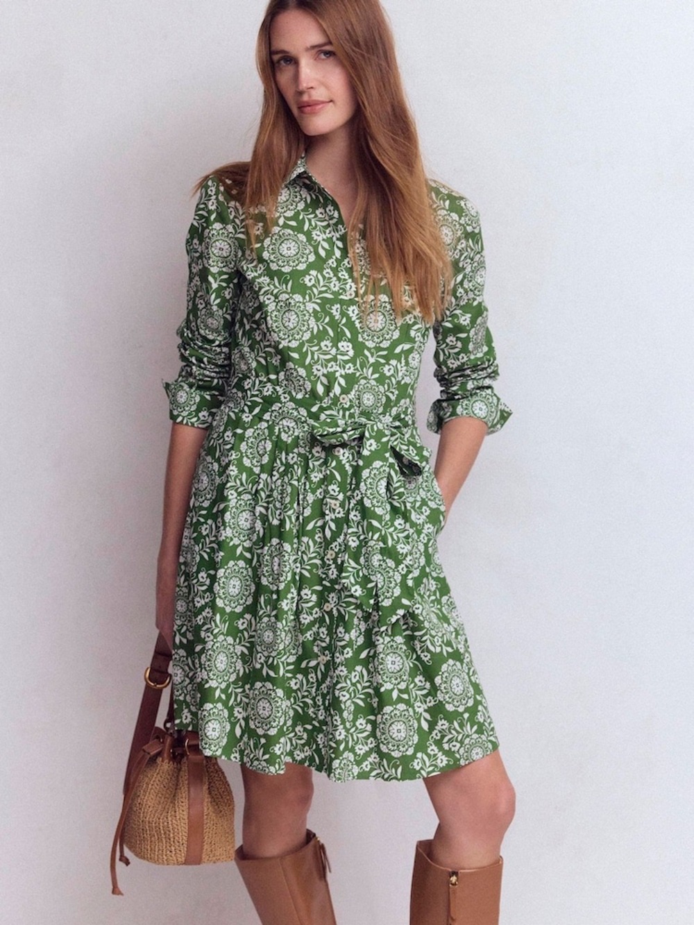 Boden Alexa Green Decorative Blossom 100%. Cotton Shirt Dress US 8 NWT
